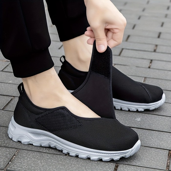 Men's Solid Colour Woven Knit Breathable Hook & Loop Fastener Walking Shoes, Comfy Non Slip Durable Shoes, Men's Outdoor Footwear